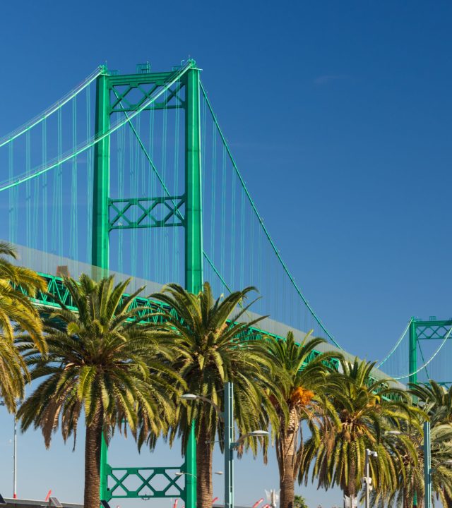 Image of a tower of the Vincent Thomas bridge in San Pedro, Los Angeles County.