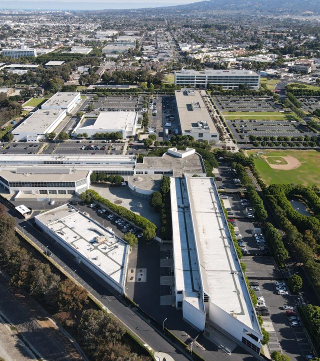 An aerial view of cityscape Torrance surrounded by buildings