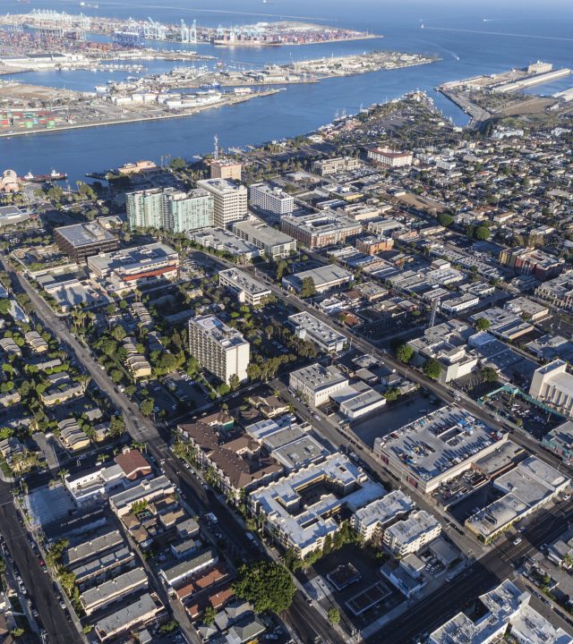 Los Angeles, California, USA - August 16, 2016:  Afternoon aerial view of downtown San Pedro in Southern California.